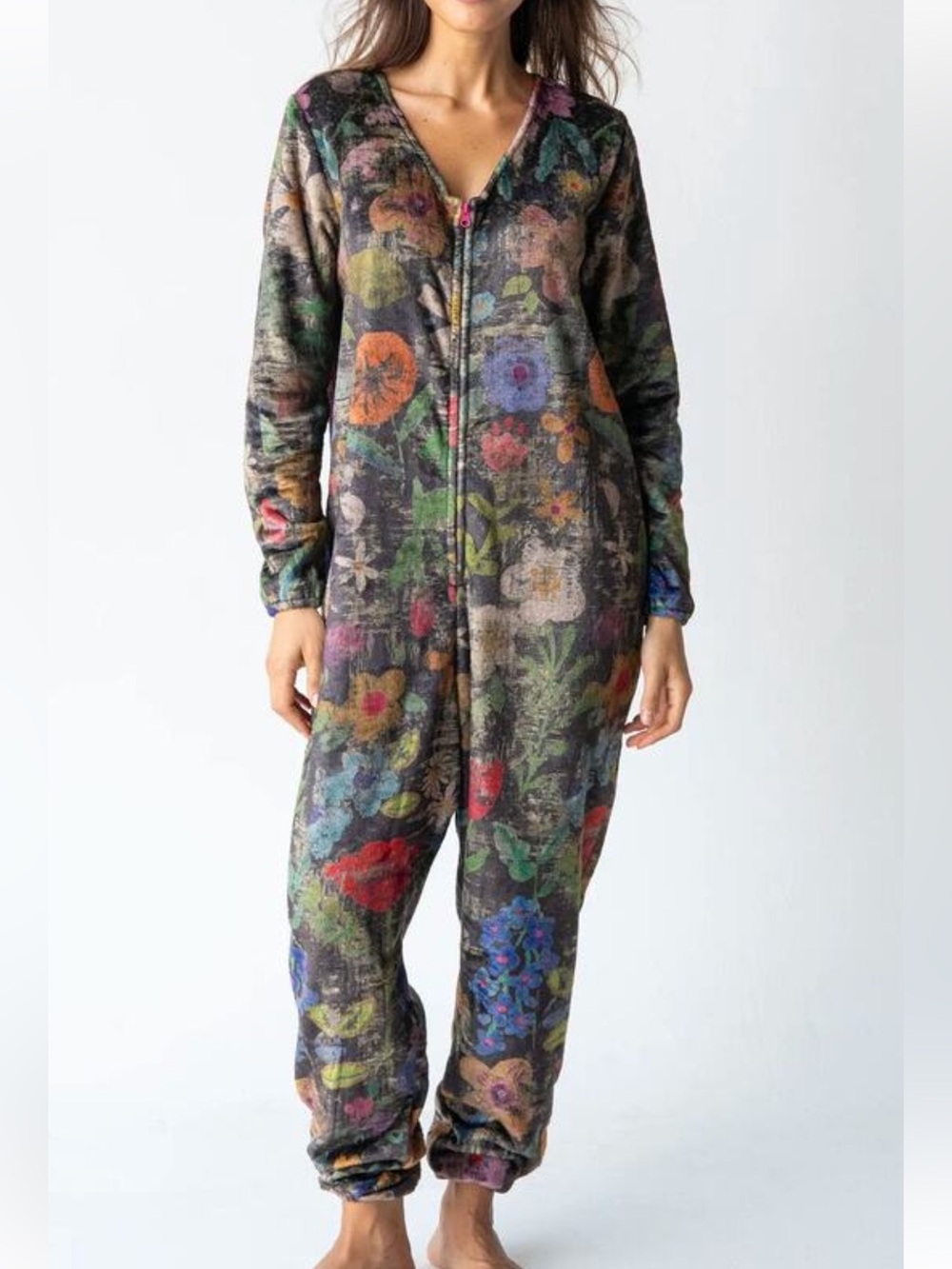 Natural Life Floral Wildflowers Fleece Pajama Onesie Zip Up Jumpsuit Size L  NWT